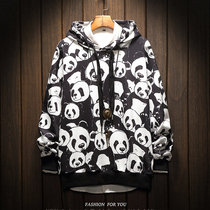 Hong Kong Chao brand Hong Kong wind Spring Autumn print panda hooded sweater men plus fat large size loose coat trend mens clothing