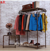 Retro old solid wood iron pipe clothing rack clothing store display rack floor double layer double rod hanging hanger
