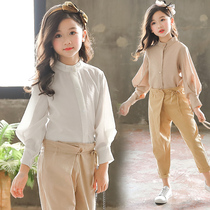 2021 spring and autumn girls shirt stand collar long sleeve middle and big childrens shirt loose base neck top childrens clothing