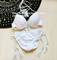High quality ice White Hollow lace European and American single belt steel support gathering water drop cup thick small breast bikini