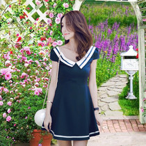Summer dating sweet and beautiful ladies High waist vest Skirt Foam With Short Sleeves Large Swing V Collar Big Code A Character Dress Dress Woman