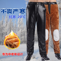 Autumn-winter mens leather pants plus suede thickened Moto locomotive work mens pants in old age warm big code PU loose leather pants