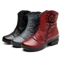 Autumn and winter new mid-tube womens boots handmade shoes ethnic style thick heel womens leather womens British Korean cotton boots