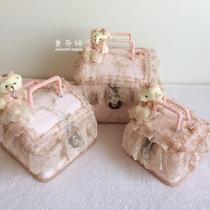 Pink lace fabric makeup box Jewelry box With lid storage basket Storage box Hand carry buckle Bear