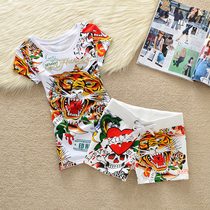 European Europe Tidal Pint Old Tiger Head Casual Suit Women Fashion Foreign Air Tiger Head Sportswear Short Sleeve Shorts Summer Two Sets