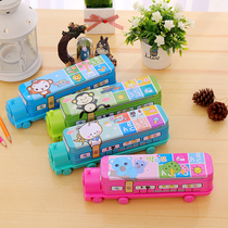 Han Edition Creative Stationery Gift Cartoon Locomotive turning double layer pencil case 2 floor lead pencil case with roll knife New Year graduation gift