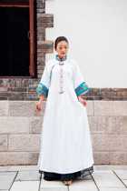  Cloud decoration totem original design womens dress ethnic style embroidered meat cover high single wear long-sleeved womens vegetarian robe white