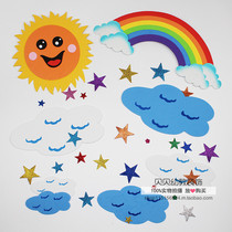  Kindergarten decorations Classroom environment layout blackboard newspaper material Foam big white clouds Rainbow sun stars wall stickers