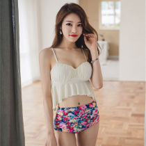 2018 net red fresh printing ruffle steel support gathered slim small high waist triangle split body swimsuit women hot spring