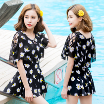  New swimsuit womens one-piece skirt swimsuit flat angle large size belly cover conservative Korean small fragrance swimsuit with sleeves