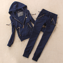 European and American wind spring autumn new pure cotton casual suit Womens small leggings Fashion Zipper Display Slim-to-cap sportswear cardiovert