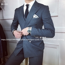 Mens casual slim suit jacket British striped three-piece Korean suit suit suit slim double-breasted trickster