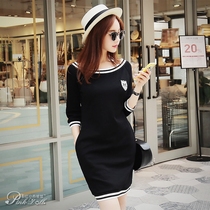 One-word collar dress pink little doll Spring and Autumn new womens fashion slim naked shoulder dress autumn