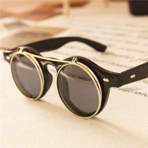 Retro Steam Punk Wind Double Flap BAO WEN Border Sunglasses Female Personality Tea Color Male Tide Nearsightedness Sunglasses