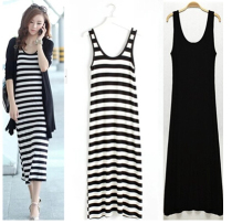 Summer Joker Vest Sling Solid Color Base Mop Long Dress Modal Black and White Striped Sleeveless Dress