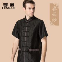 Mulberry silk middle-aged father Tang suit mens short sleeve Chinese leisure loose grandfather dress old man Hanfu mens summer clothes