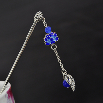 Vintage Jingtai Blue Seedlings Silver Leaf Blue Jade Marrow Tassel Classic Step Long Hair Hair Female Ethnic Hair Accessories