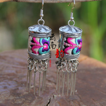 Guizhou ethnic Miao Silver old embroidered earrings handmade lantern earrings ornaments retro style old embroidery female ornaments