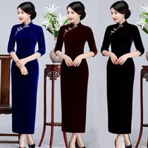 Improved Cavet dress Dress Walking Show Gold Velvet Long Style Qipao High-end Gown Vintresses Retro Womens Temperament Elegant And Refined