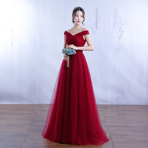 Toast dress 2021 new summer one-word shoulder long red bride high waist cover belly thin pregnant woman evening dress female