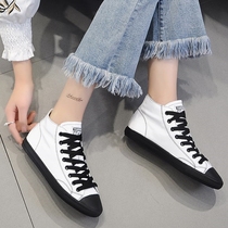 CCVV Pure Leather Women Shoes 2022 Spring New Korean Version Genuine Leather Round Head Lacing Flat Bottom High Bunch Casual Shoes Little White Shoes