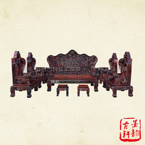 Laos big red sour branch carved dragon Baoding sofa Cochin rosewood nine dragons and eight horses mahogany sofa twelve-piece set