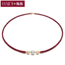 Heidi Jewelry Qitong round white light golden AKOYA Sea Pearl ruby necklace female 18K gold