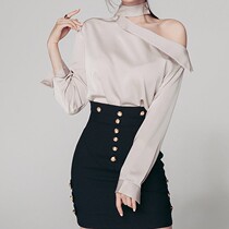 South Korea Light Cooked Little Sexy Woman Taste Vintage Hanging Neck Clinched Shoulders Wide Loose Design Feel Long Sleeve Shirt