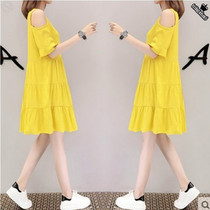 Korean maternity dress Summer mid-length short-sleeved off-the-shoulder loose plus-size top a-line skirt tide mom is thin