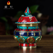 Tibetan village Nepal Myitong for furniture with pure copper hand inlaid colorful stone six words true words treasure bottle rice box small number red