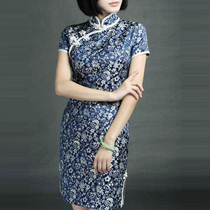 Spring and Autumn New Blue and White Porcelain Brocade Short Fashion Improved Cheongsam Lady Tang Dress Top Autumn and Winter