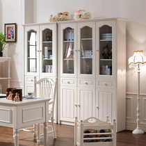 Korean solid wood bookshelf Four-door bookcase modern simplicity with glass door White floor-to-ceiling large bookcase storage shelf