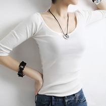 White t-shirt womens half-sleeved slim-fit large round neck bottoming shirt five-point sleeve Korean short section slim pure cotton