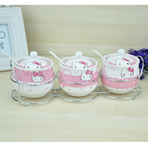 hello kitty katy cat cartoon creative ceramic seasoning jar cover three sets with iron frame spoon kitchen supplies