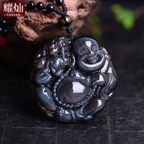 Yao Chan ice color blue eye Obsidian Lucky Buddha pendant Smiling Face Buddha Maitreya Buddha pendant Crystal Mens and womens necklaces
