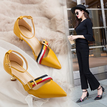 Shoes female 2021 New Korean version of pointed heels with heels shallow mouth buckle middle heel women shoes cat heel sandals women