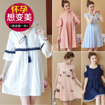 Pregnant womens dresses spring and summer tops and skirts mid-length short-sleeved summer net red new loose chiffon pregnant womens skirts