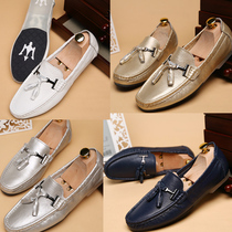 Mens shoes Summer breathable white bean Bean Shoes Men Genuine Leather Egg Rolls Shoes Inlentide Mens Lazy Man One foot pedal casual leather shoes