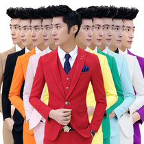 Rock god Korean version of the tight suit three-piece suit mens color suit suit big red suit officiating wedding dress