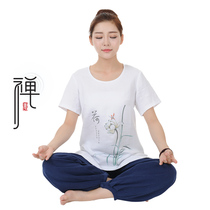 Linen yoga suit short sleeve cotton hemp yoga clothing white loose morning exercise tai chi clothing meditation tea ceremony bloomers