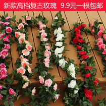 Elegant retro simulation rose rattan fake flower rattan plastic silk flower air conditioning pipe decoration flower wall hanging vine