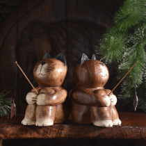 Thailand imported Southeast Asian style kitten fishing wood carving TV cabinet desktop home furnishings kitten ornaments