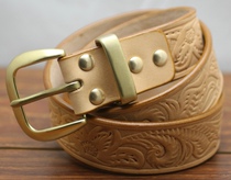 Imported tanning leather top layer cowhide hand-made custom belt leather carving West Tang grass pattern brass buckle thick skin to raise cattle