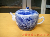 Qing Kangxi blue and white landscape character ginseng pot Teapot porcelain pot full of paintings fine appreciation pot(Bao Zhen Bao Lao)