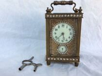 French antique pure copper mechanical travel leather case car Bell leather tube lifting beam bell clock time Western antique collection clock old