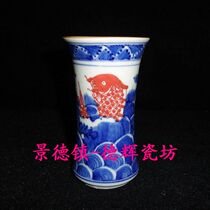 Jingdezhen Cultural Revolution porcelain factory goods ceramic green flower glazed in red waist type small carp pen holder obsessed with your type pen bucket