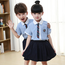 Primary and secondary school uniform blue striped shirt set cotton summer college short-sleeved mens and womens class uniforms childrens custom