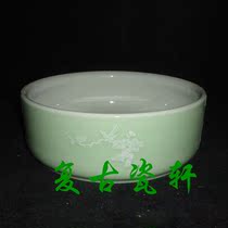 Cultural Revolution factory goods porcelain Jianguo porcelain factory monochromatic glaze bean green glaze pile carving Magpie plum blossom water shallow pen wash tea wash