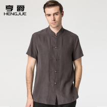 Mulberry silk Tang suit mens short sleeves Chinese style collar buckle Chinese shirt middle-aged mens clothing summer