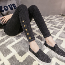Hong Kong boomer winter Korean version with slim big code plus suede thickened elastic outside wearing small-footed pencil female denim for underpants